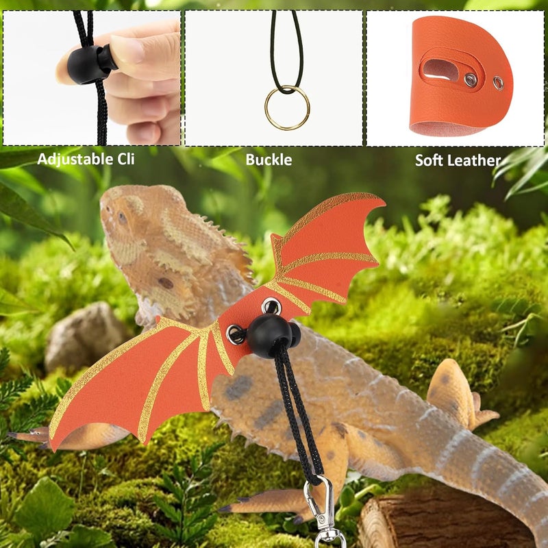 Dexspoeny Bearded Dragon Carriers and Leather Leash with Wings,Bearded Dragon Leash Lizard Adjustable Harness,Small Pet Backpack Batwing Accessories for Outdoor Travel-Red - Image 4